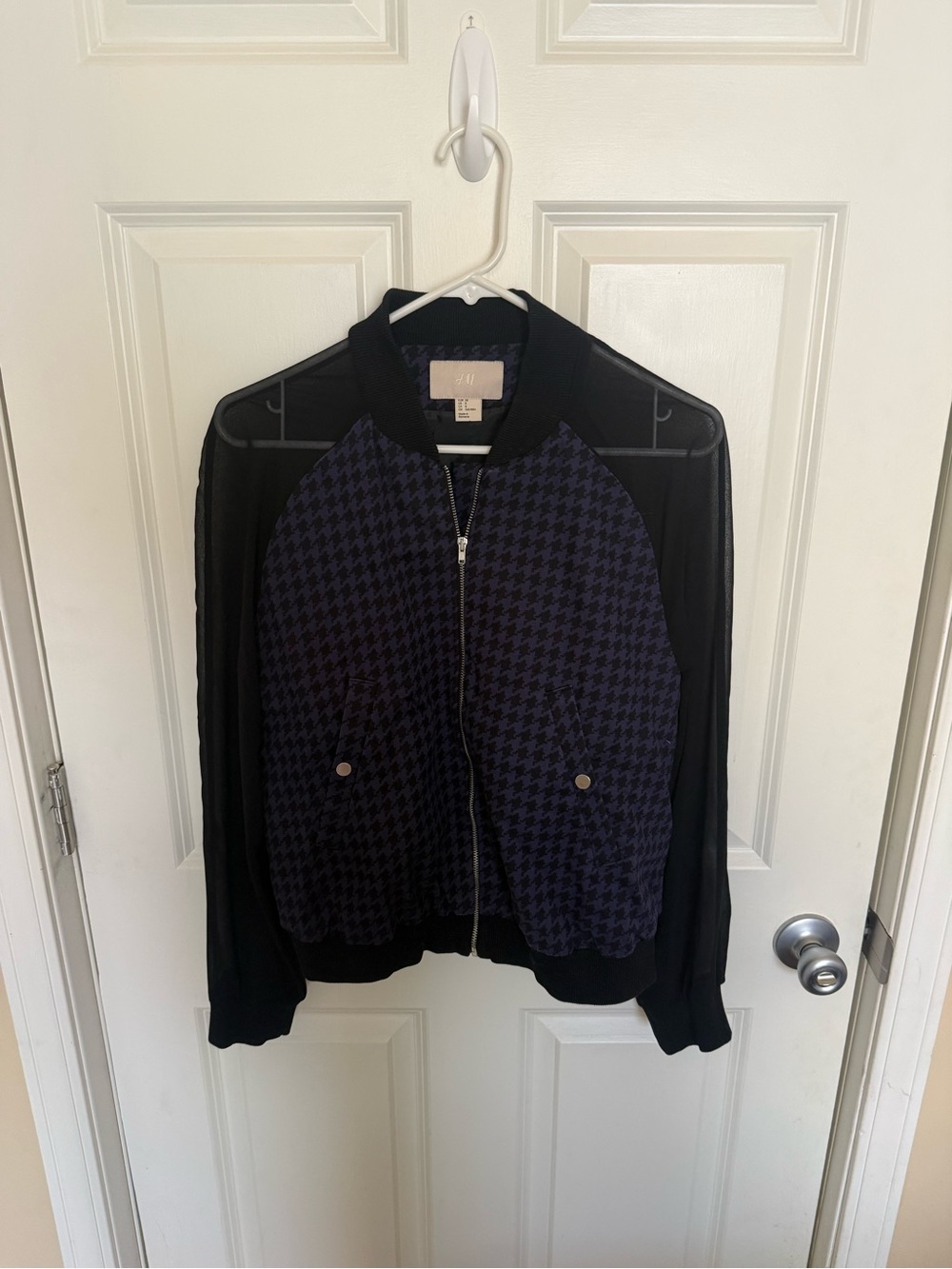 H&M Navy & Black Houndstooth Bomber Jacket